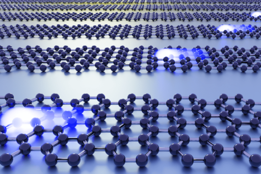 Illustration of stacked two-dimensional material lattices with hexagonal atomic bonds, glowing blue where electrons are localized.