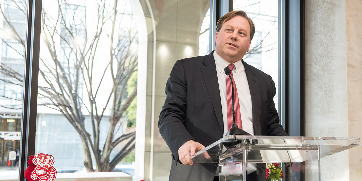 Undersecretary of War, and UW grad Michael Duffey speaks to alumni and friends at a reception during UW-Madison Day in Washington, DC.