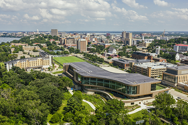 Aerial view of the Nicholas Recreation Center and UW–Madison's campus looking toward downtown Madison and the State Capitol.
